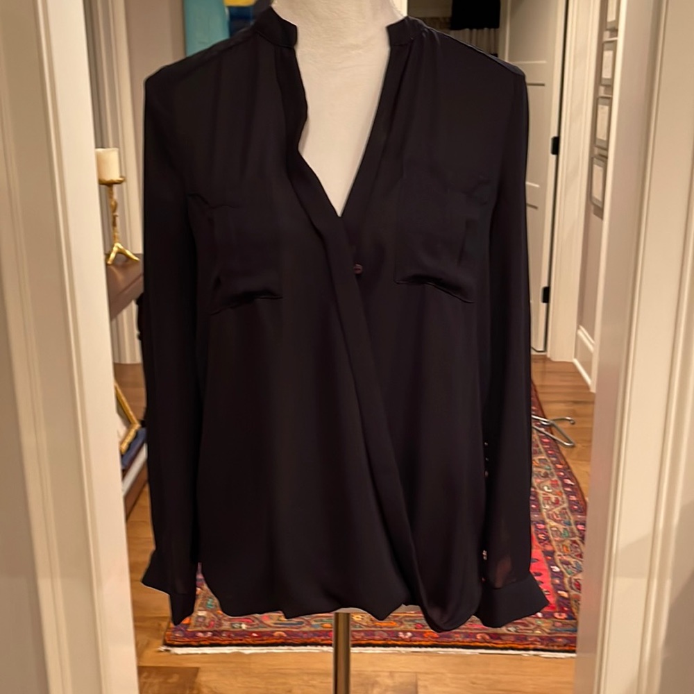 Sheer liner blouse with cuffed button sleeves.